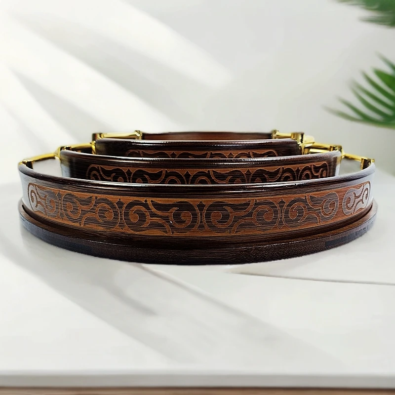 新款创意名族风纹理带金色手柄高档水果盘糖果盘圆盘天然材质餐具