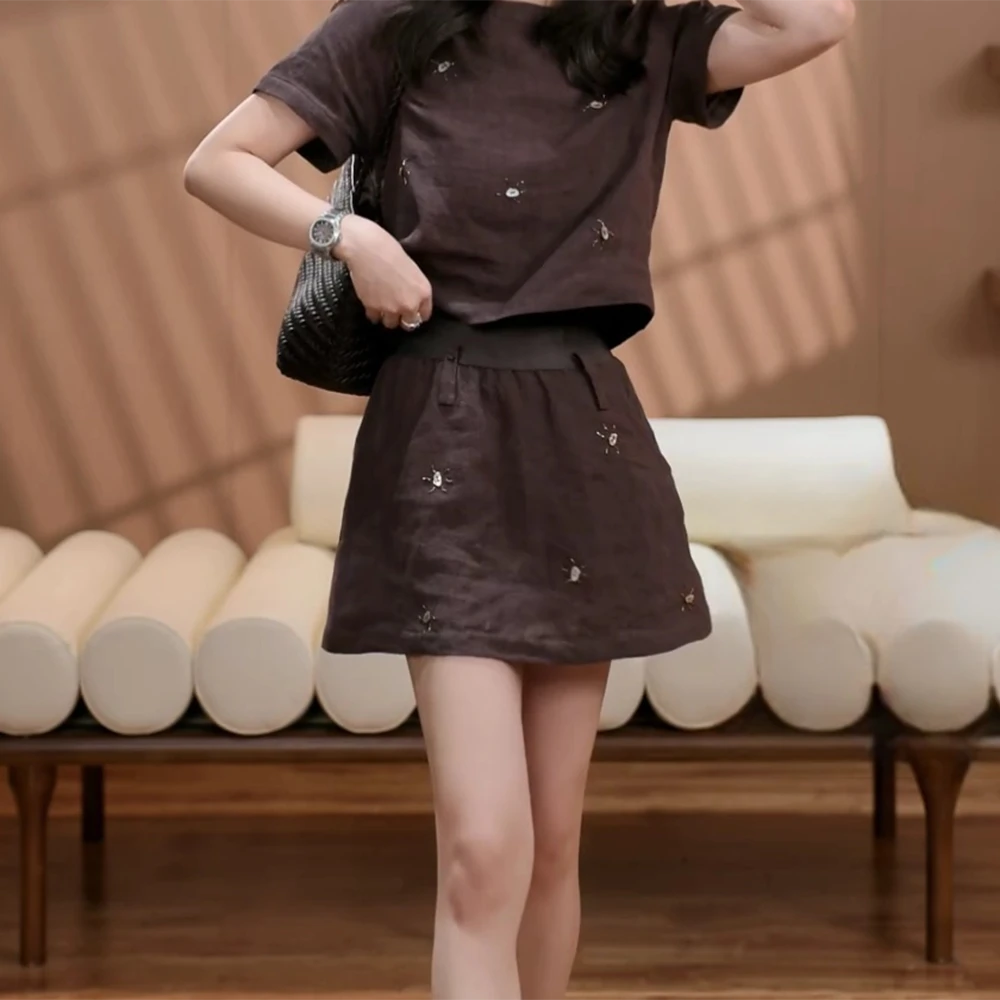 "优雅法则"夏季手缝工艺短袖上衣+短裙女装休闲百搭舒适套装