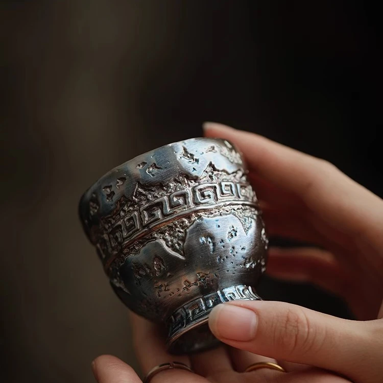 鎏银仿古青铜回纹高足杯茶杯主人杯夫妻对杯送长辈男士礼物