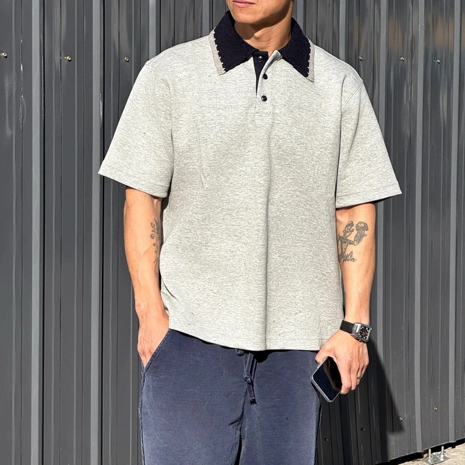 陈震同款 两色针织领休闲短袖polo衫休闲宽松纯色翻领T恤