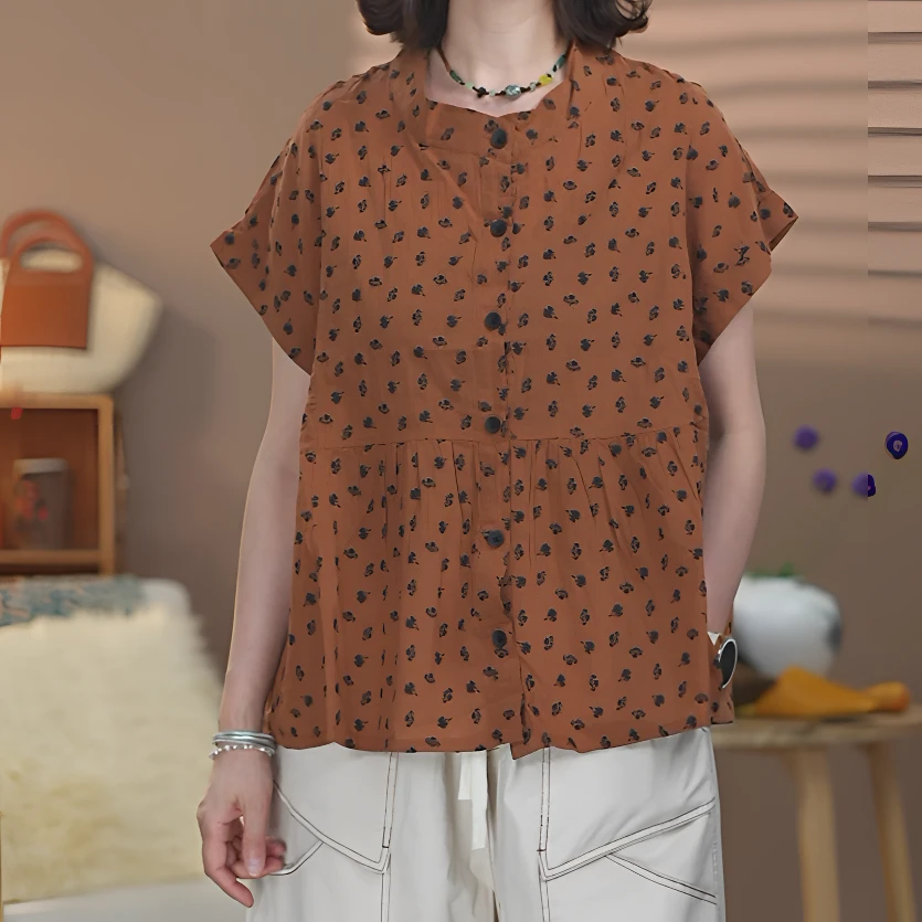 上衣夏季新款碎花气质复古休闲舒适时尚百搭宽松显瘦飞飞袖衬衫