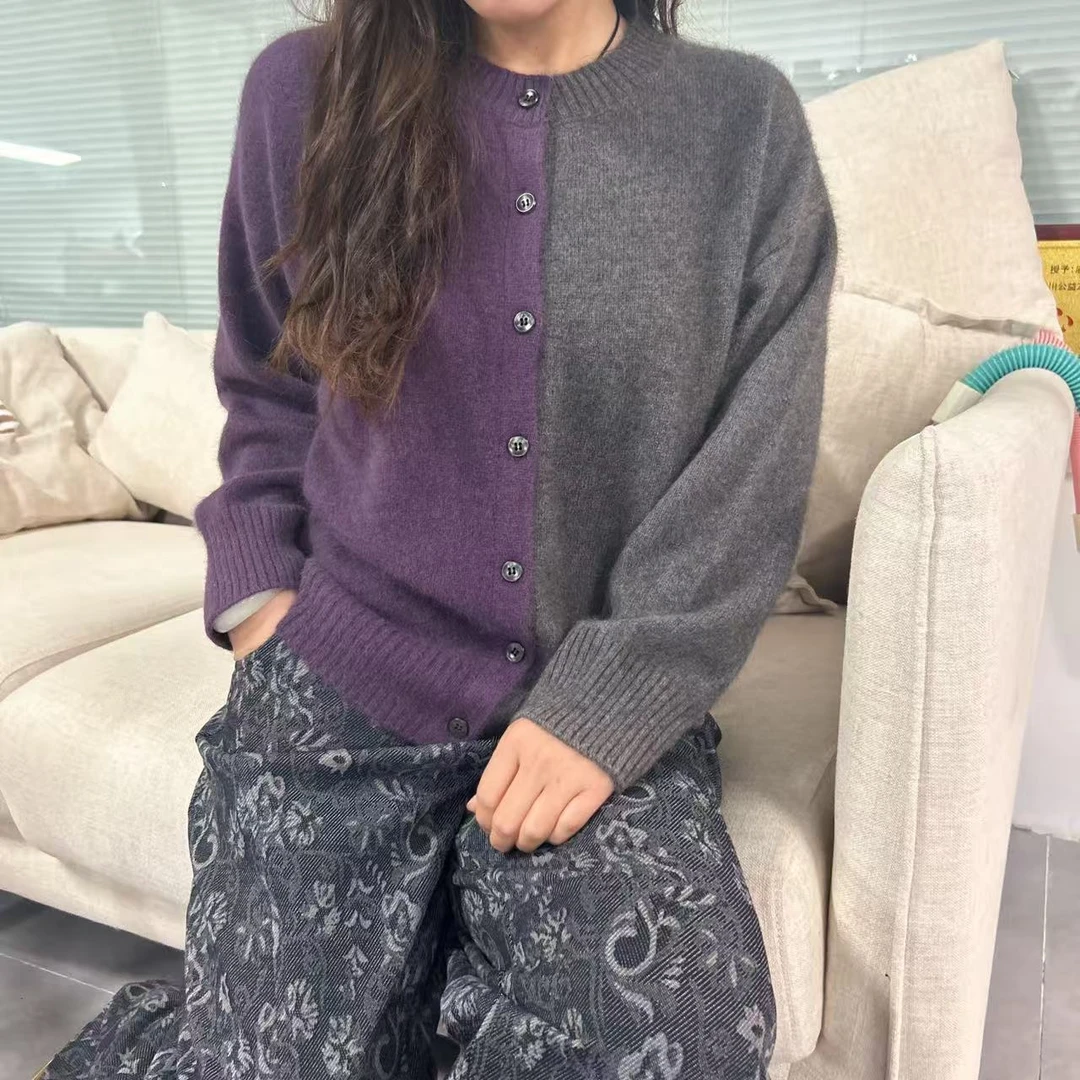 女士撞色拼色针织开衫