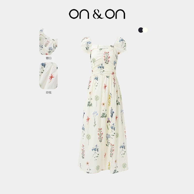 ON&ON/安乃安夏新款法式方领泡泡袖减龄时尚气质连衣裙N5SW16358