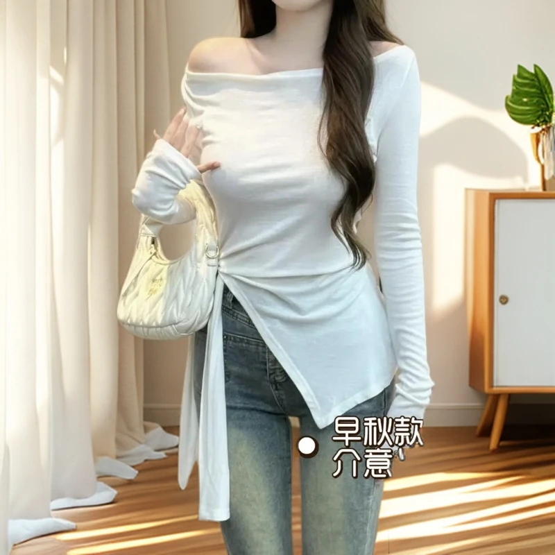 【发货超快】早秋长袖不规则开叉绑带收腰显瘦修身纯色打底百搭上衣