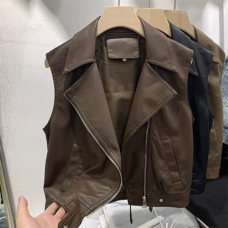 【素境】9686短款皮衣马甲女春秋季欧货拉链坎肩无袖机车服马夹