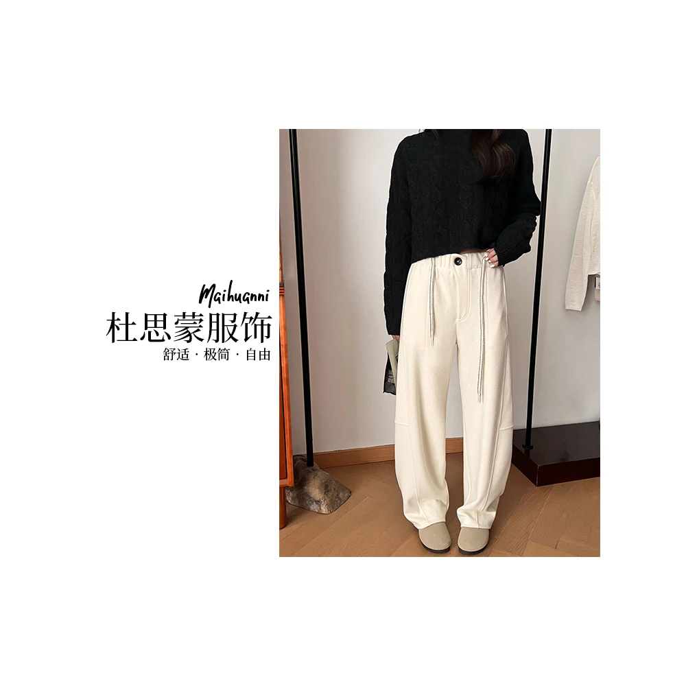 （杜思蒙服饰）251735-【宝藏裤子】韩版复古一粒扣抽绳镰刀休闲裤