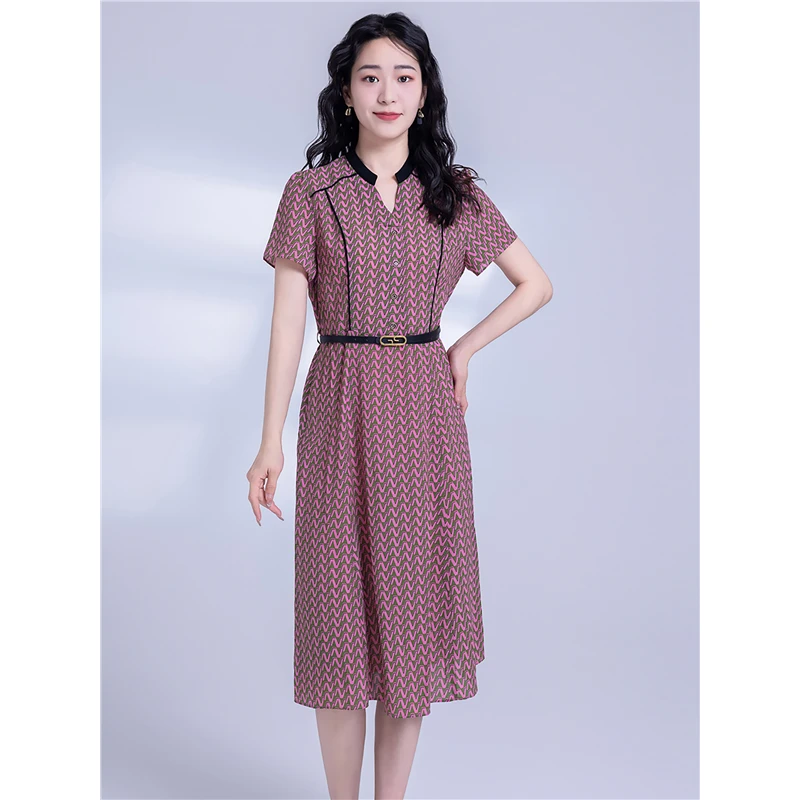 L9178高级感印花连衣裙夏新款淑女气质V领收腰显瘦碎花裙