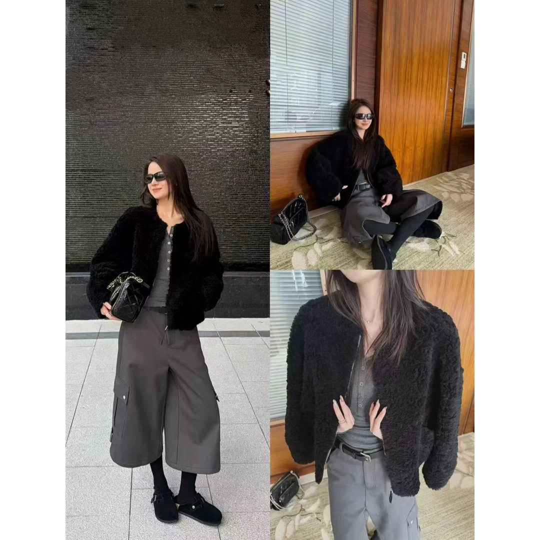 玲家精选6056款号圆领毛毛外套