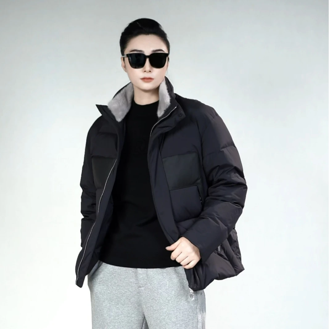 男士时尚鹅绒拼皮羽绒服7620冬季男款水貂毛领拼皮轻奢羽绒服/星