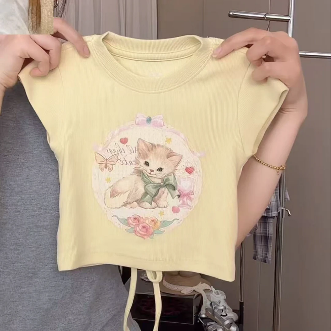 [现货]小花2025女童新款夏季短袖卡通时尚修身短袖女童潮印花