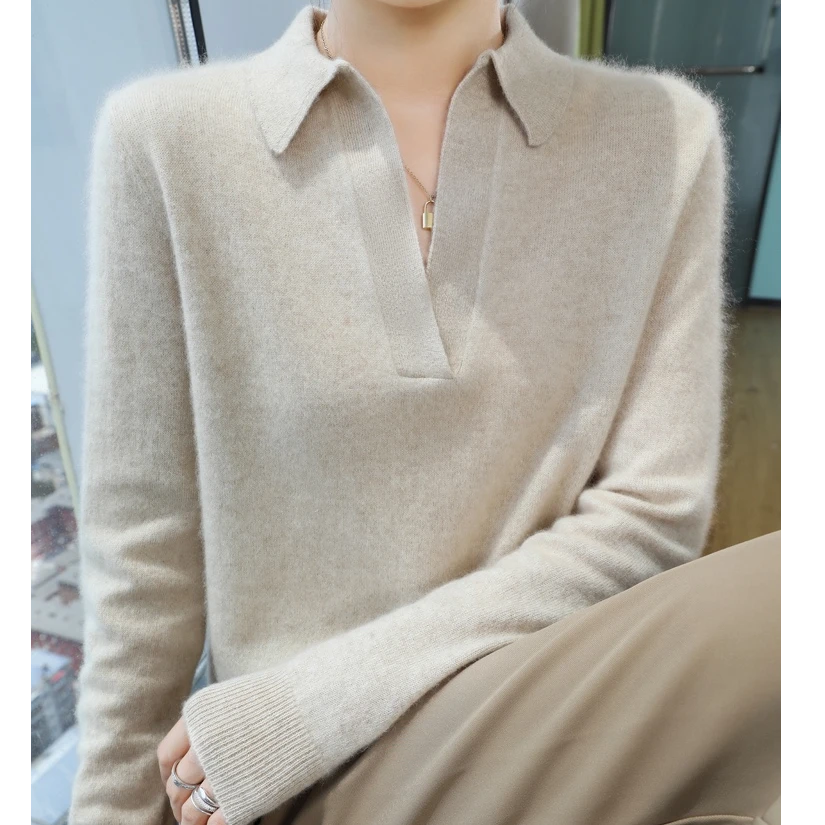 羊绒衫女秋冬新款半开polo领长袖毛衣宽松针织打底衫ZM-309