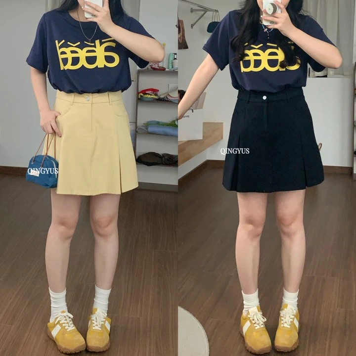 青屿衫-休闲百搭复古半身裙系扣高腰别致裙子微胖显瘦大码女装春