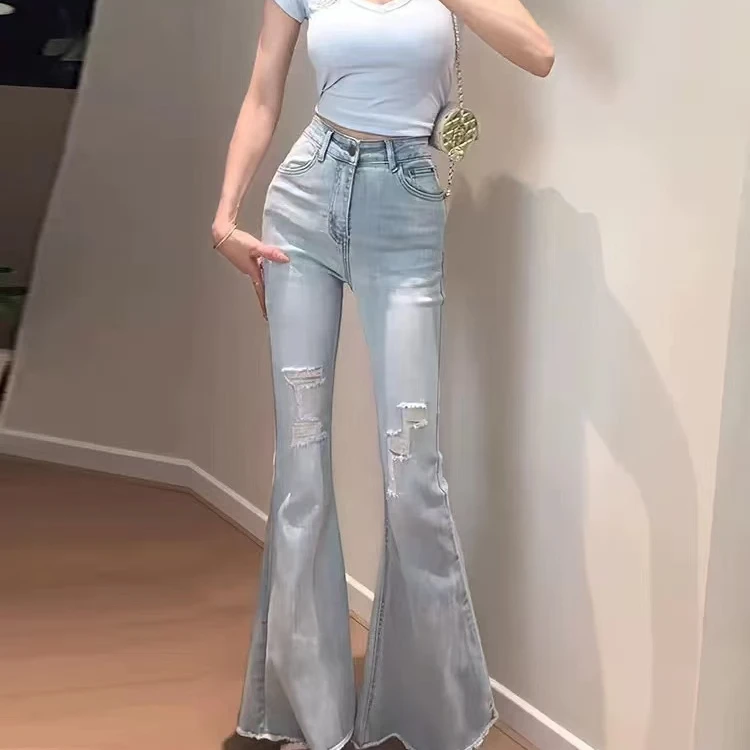 〖猫姐衣橱〗春夏新款薄款破洞高腰大喇叭牛仔长裤
