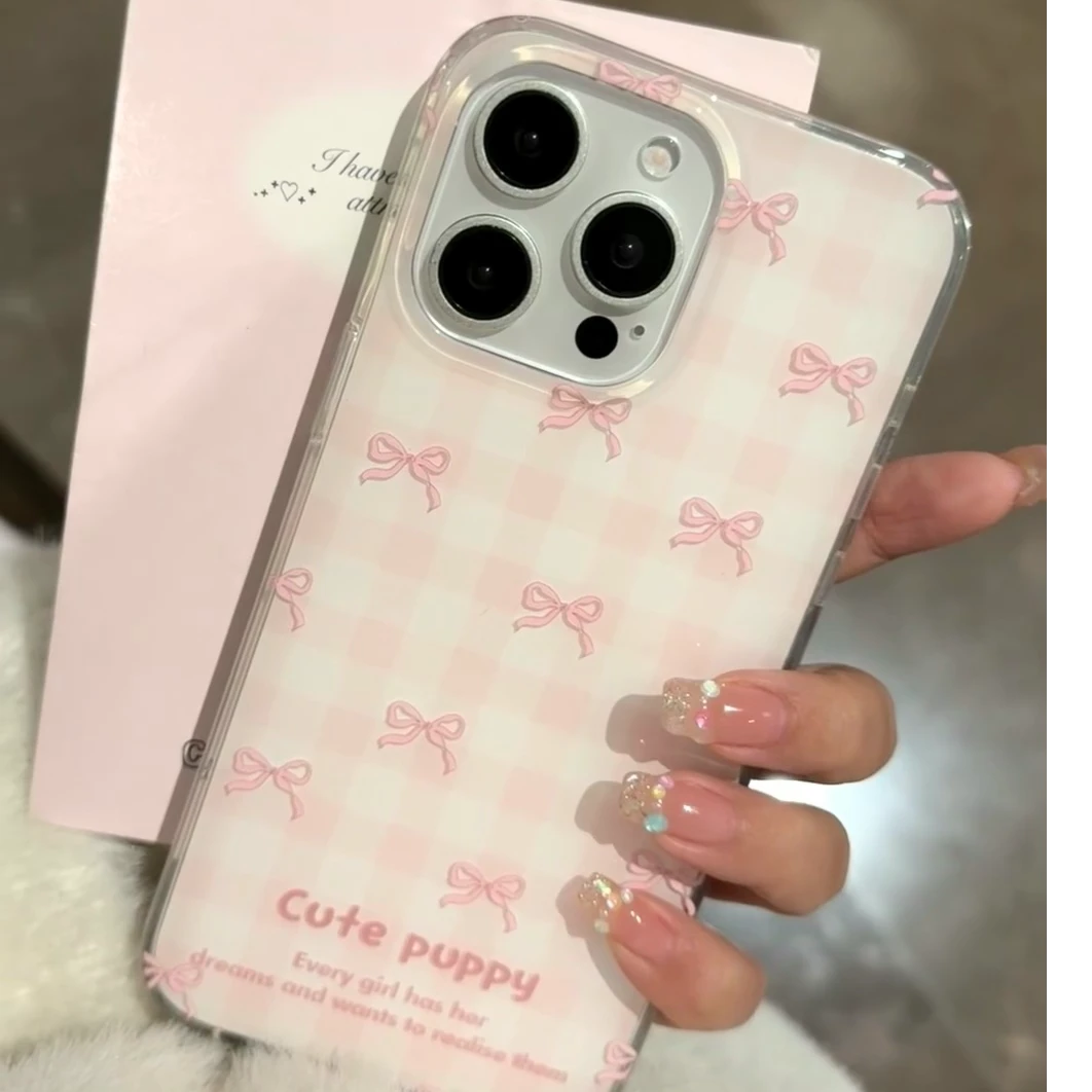 imd粉色格子蝴蝶结适用苹果16/15华为p70手机壳iPhone14小米oppo