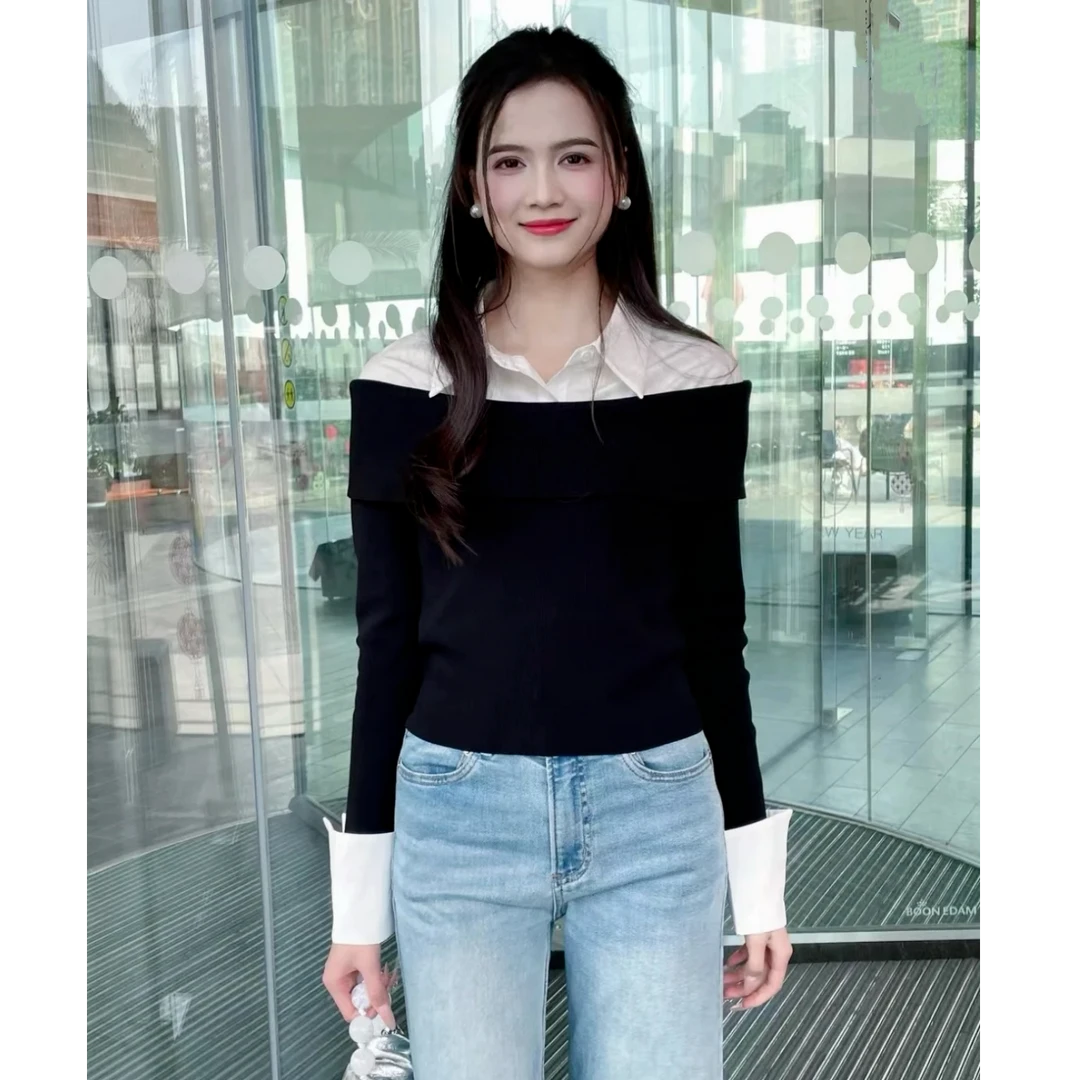 设计感显瘦小衫2025春新款假两件一字肩知识分子衬衫拼接毛织上衣