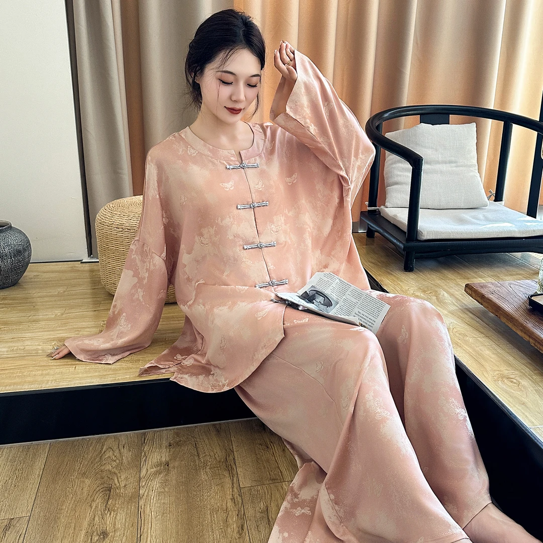春秋大码冰丝睡衣女胖mm秋季复古仿真丝家居服200斤夏阔腿裤套装