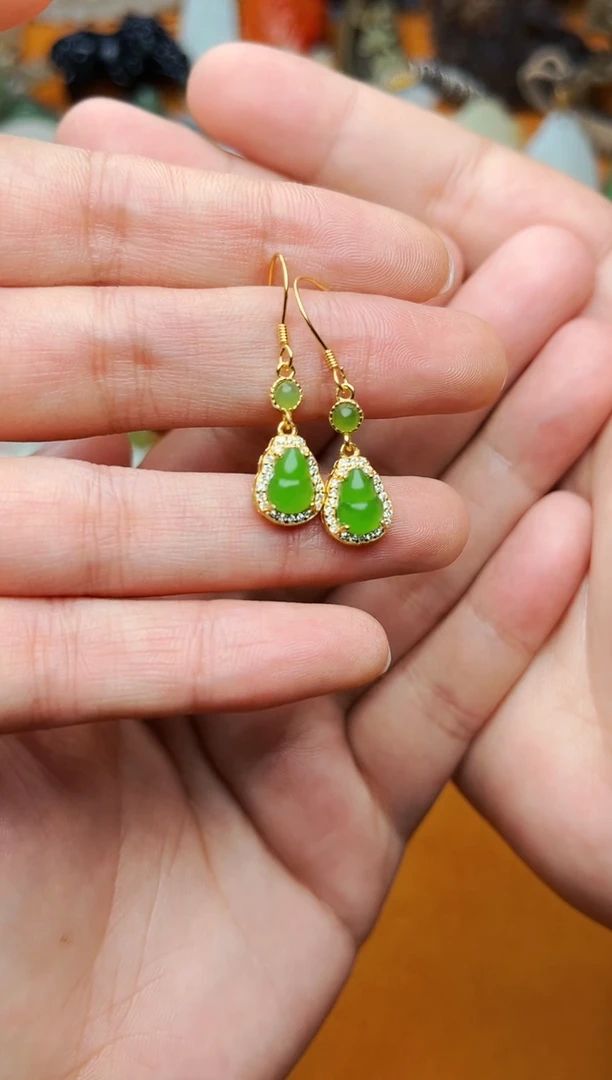 【闪购商品】和田玉耳饰银S925镶嵌葫芦