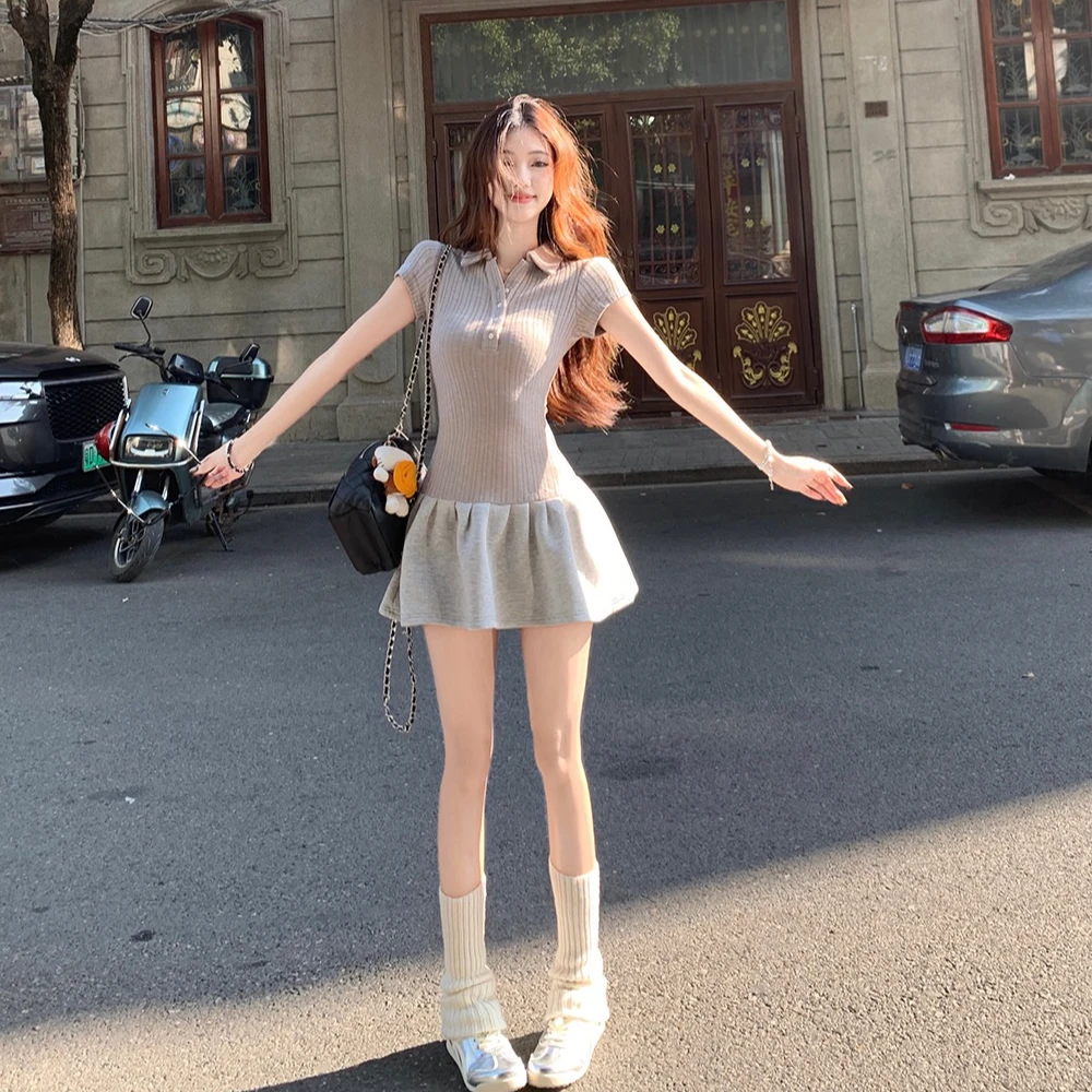 美式校园风POLO领空拼接网球裙连衣裙女春季新款针织拼接连衣裙