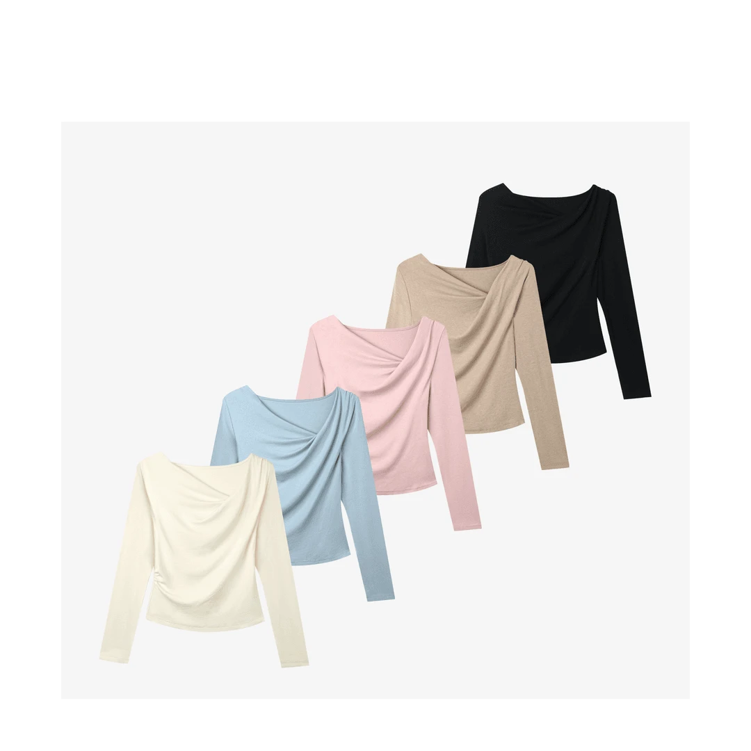 夏珍 纯色森系荡领一字肩露肩长袖T恤女秋设计感内搭修身斜肩上衣