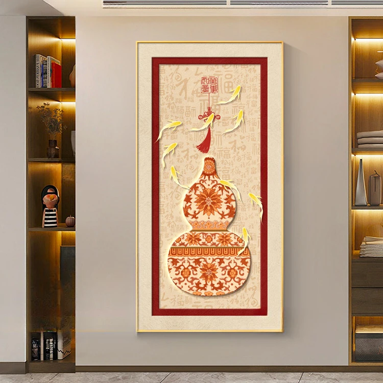 福禄记性轻奢中式抽象红色葫芦高级柿柿如意百福玄关走廊装饰画