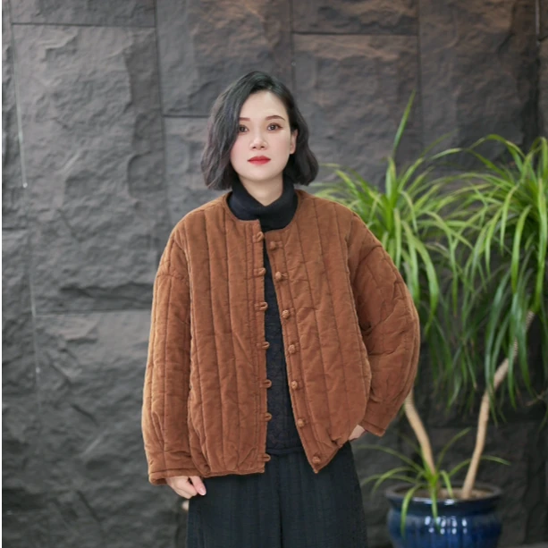 【厚棉服】FF纯色保暖精纺细条绒宽松圆领棉衣女装冬季休闲女士外套