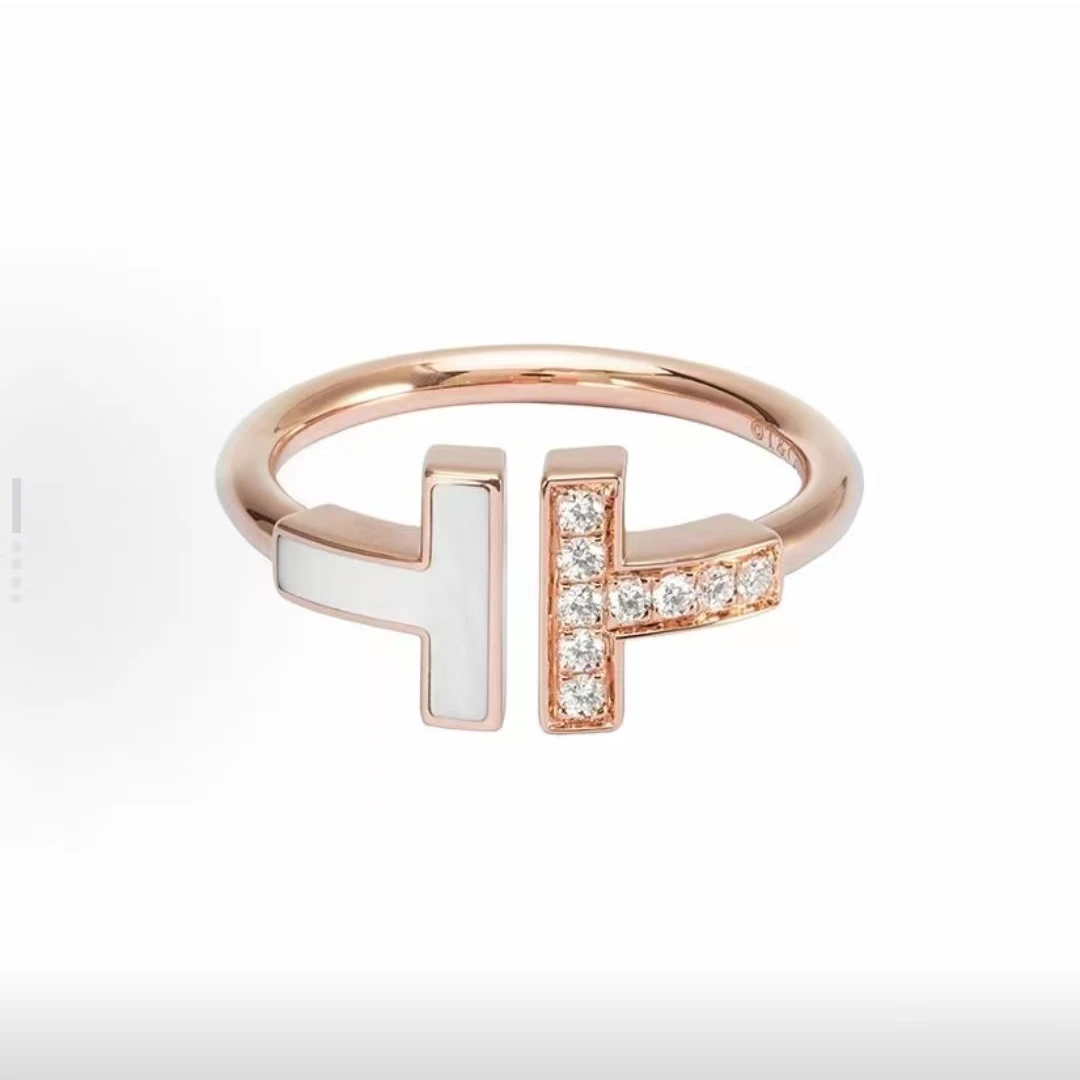 未使用 Tiffany & Co./蒂芙尼  双T半钻半贝 玫瑰金戒指