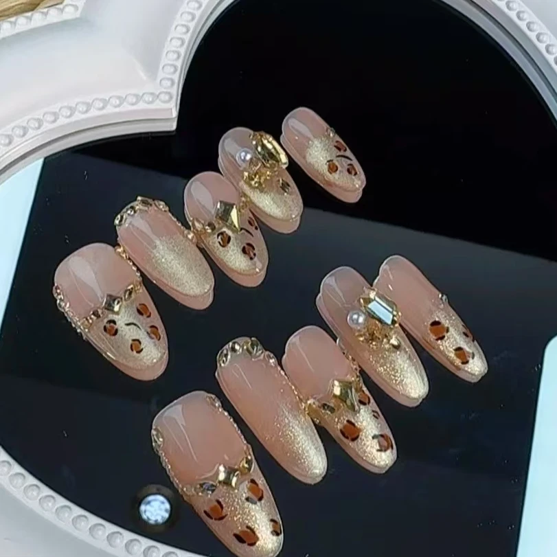 【銮光金焰】初秋辣妹法式豹纹缎面猫眼感纯手工穿戴甲