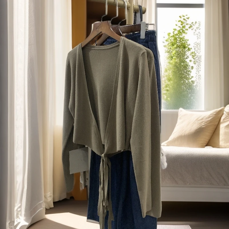 9318 祺欣家 法式短款抽绳修身小众设计防晒简约风针织开衫外披