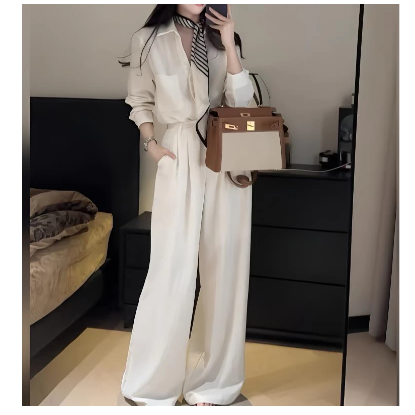 网红时尚套装长袖老钱风秋夏季休闲百搭阔腿裤三件套配丝巾！洋气