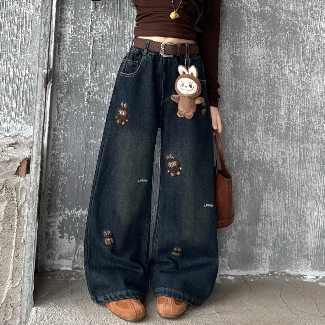 女童拉布布刺绣牛仔裤儿童2025新款加绒裤子长裤6-12岁冬季阔腿裤