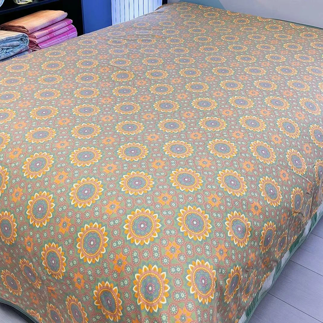 2025新款多功能亲肤棉加厚双层纱床单金玉满堂太阳花-绿色200*230