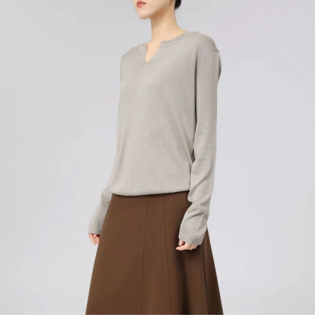 AMASS/阿玛施纯色V领长袖T恤女秋季慵懒风宽松中长款打底衫538029