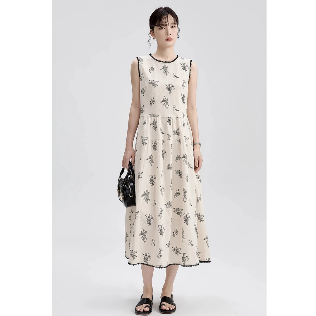 GUIER/桂儿印花无袖背心连衣裙女蕾丝拼接高腰显瘦垂感长裙G6031