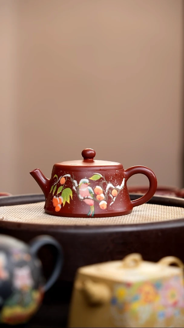 茶壶紫砂朱泥云筑泥绘雪鸟007