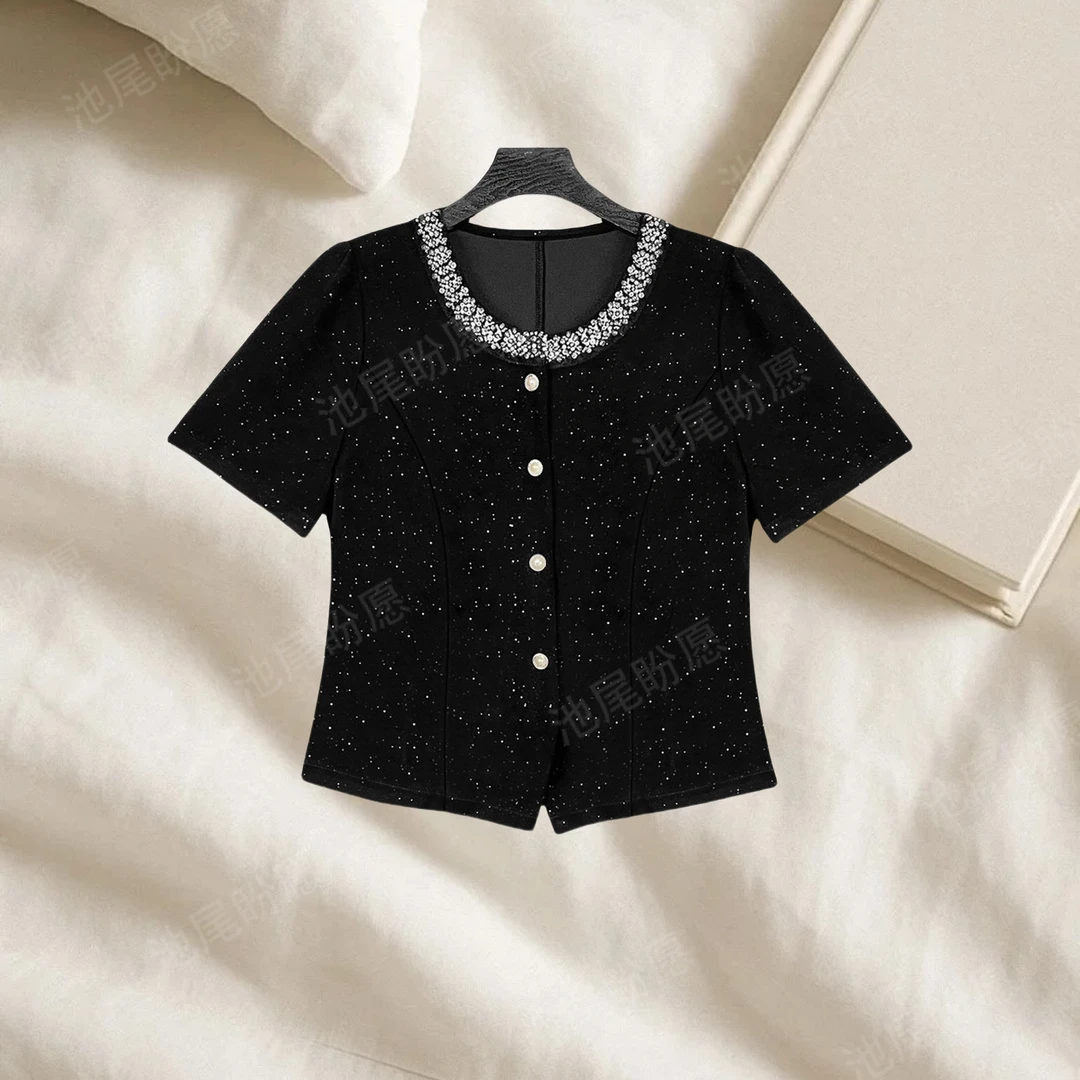 2025夏季新款满印撒银纽扣立体装饰气质短袖T恤女时尚显瘦上衣女