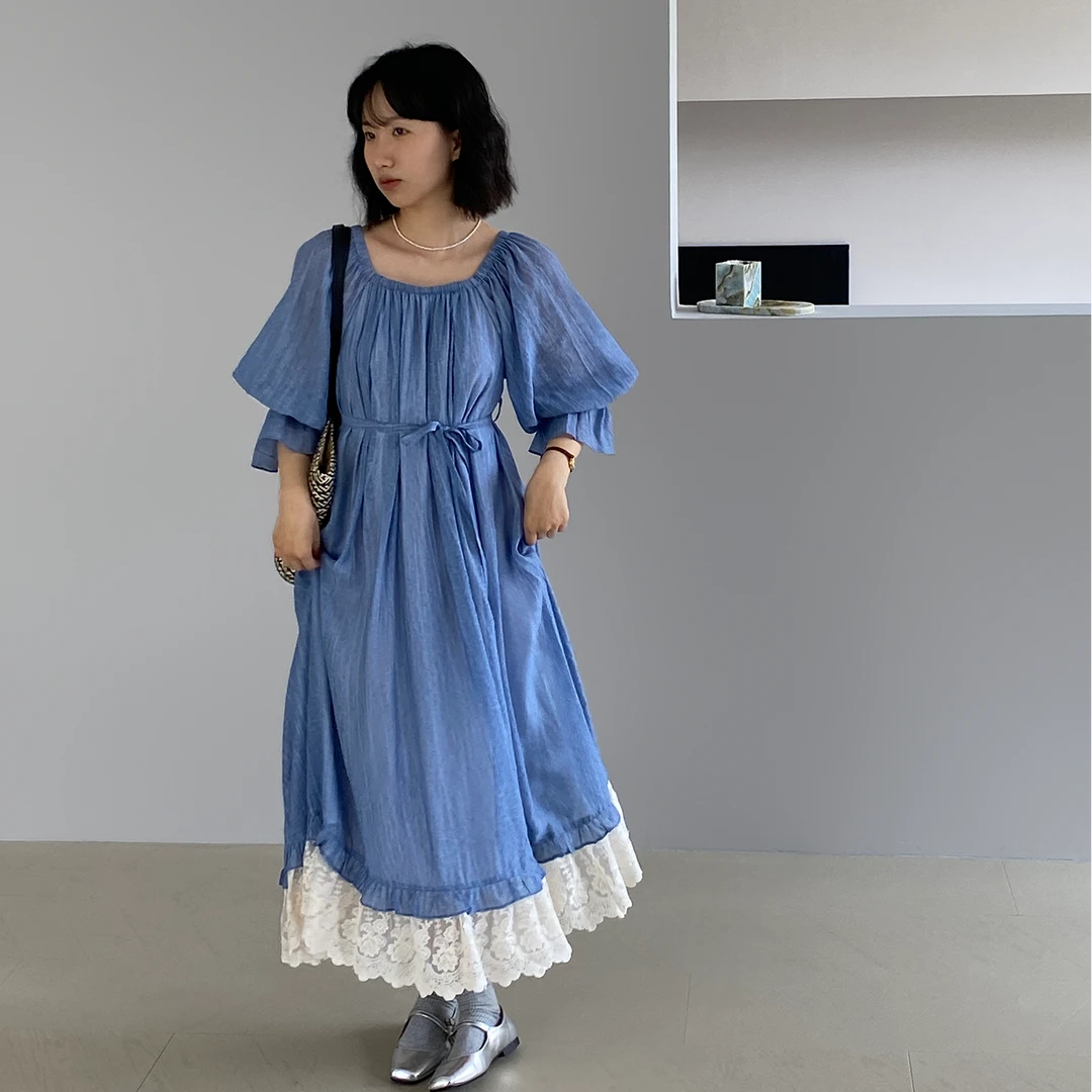 2025七分袖少女风长袖法式拼接蕾丝连衣裙时尚方领泡泡袖长裙