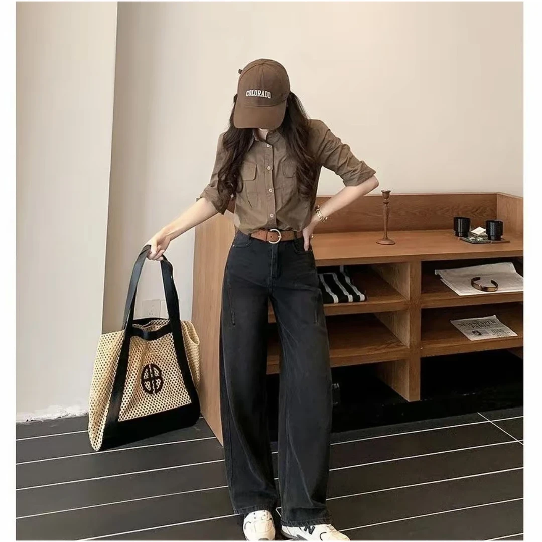 【现货加厚/加绒️运费险】韩版黑灰牛仔裤高腰窄版直筒女秋冬加绒