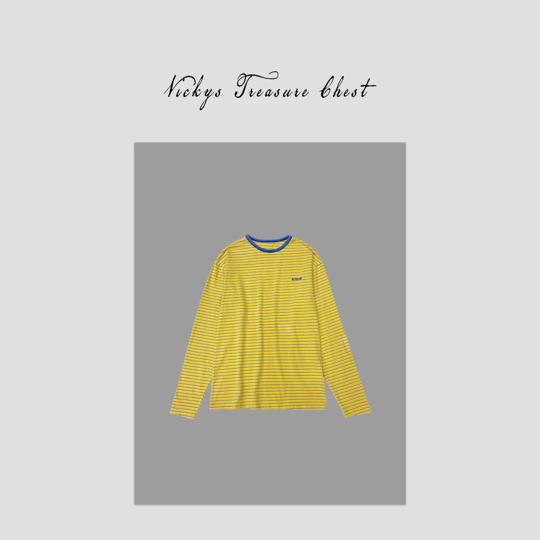 「5566」韩国小众 早春字母刺绣水洗小圆领撞色细条纹落肩长袖T恤