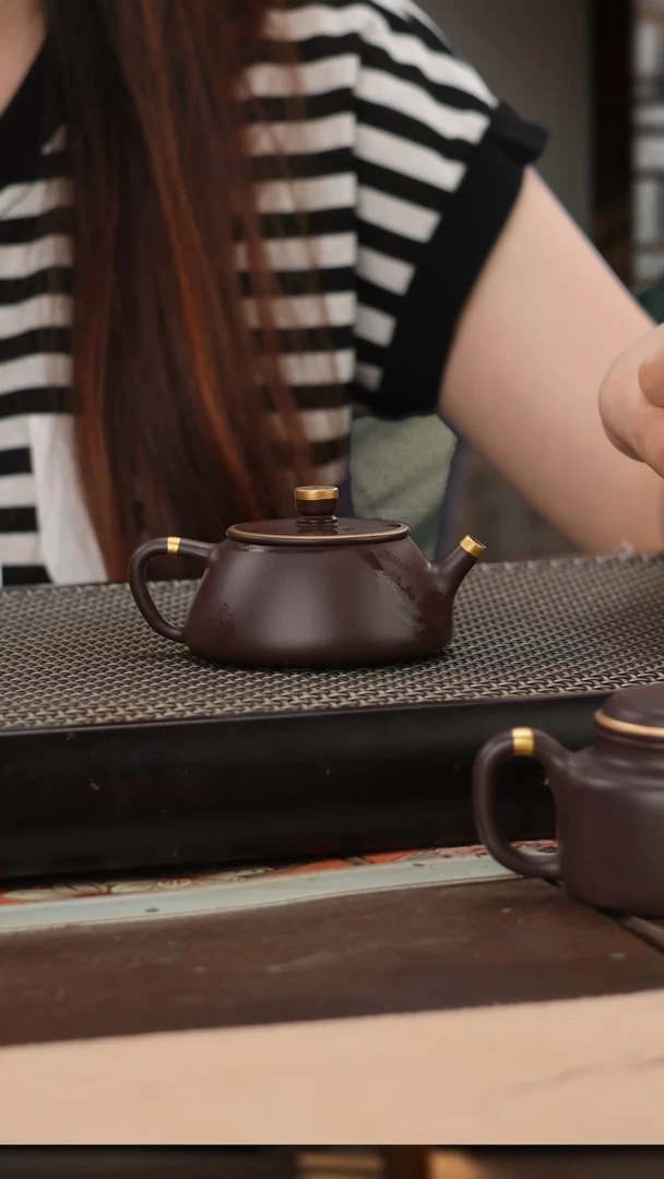 茶壶紫砂四号井茄皮紫泥描金平盖石瓢120cc