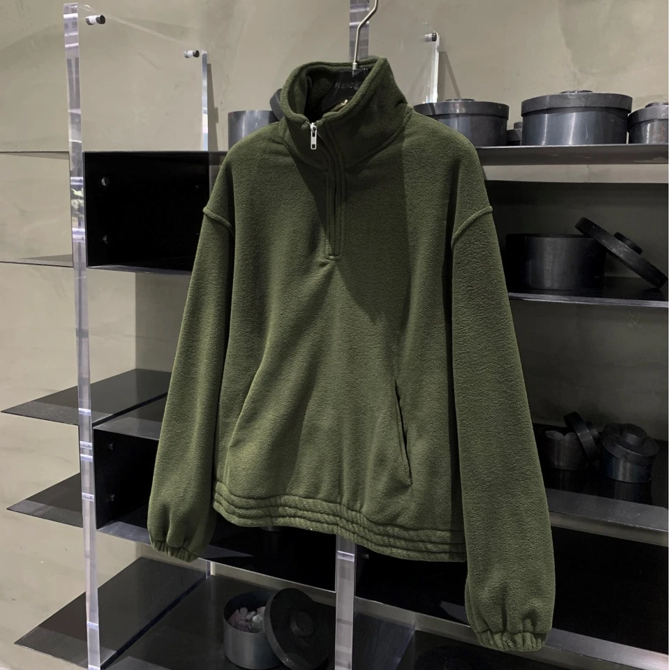 老钱高级感橄榄绿绒面套头半拉链高领卫衣 W6838