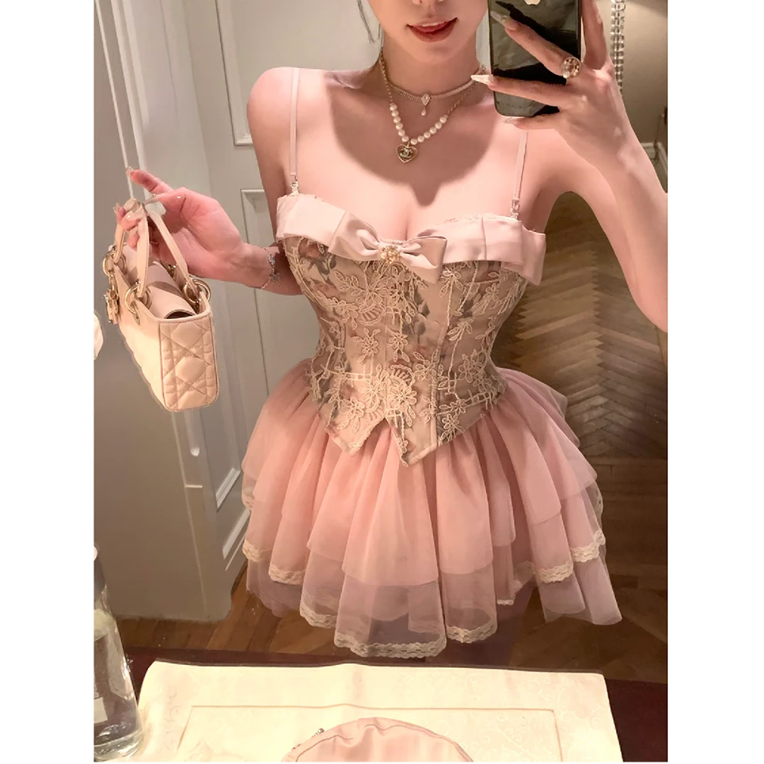 【小美】大码春季法式性感辣妹重工玫瑰蝴蝶结胸衣半裙套装10878