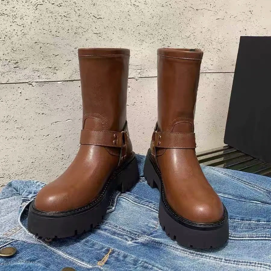 英伦风棕色厚底马丁靴女2025年新款中筒靴子西部牛仔短靴 6089