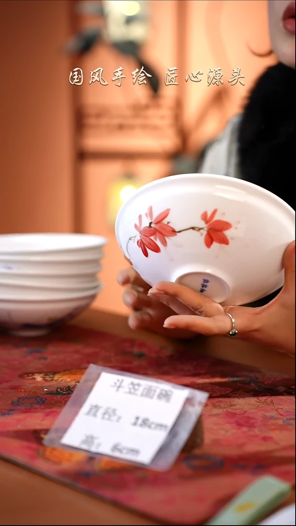 陶瓷景德镇高温釉中彩斗笠面碗直径18高6
