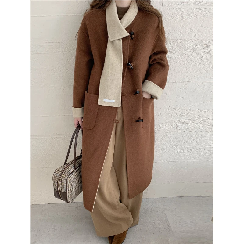 时尚围巾领双面羊毛大衣女高级感设计独特超好看羊毛呢子外套韩系