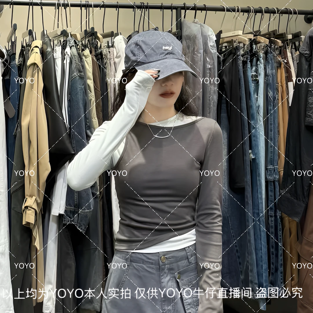 YOYO自制【撞色叠穿】秋款新款显瘦修身网红休闲长袖上衣