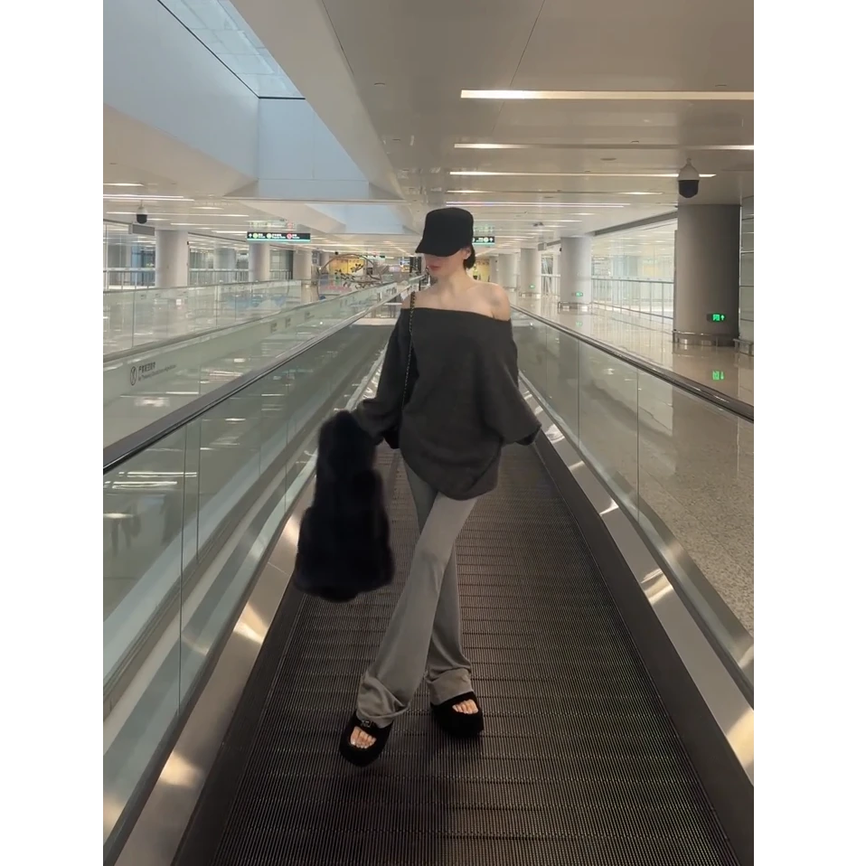 韩系气质女神2025冬季新款ins性感一字肩宽松上衣配休闲裤子套装