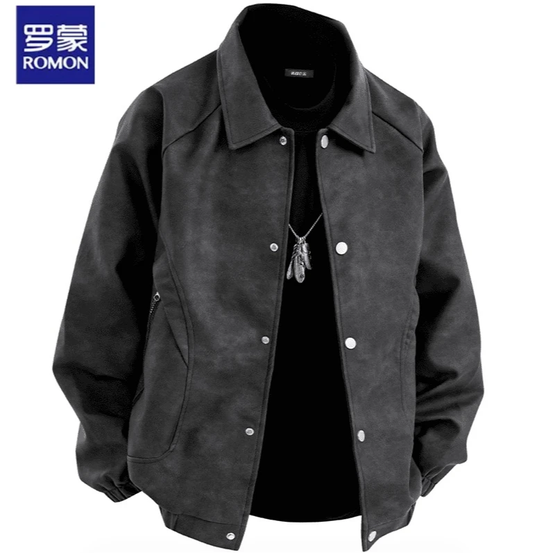 罗蒙男士外套春秋季新款皮衣大码宽松外套胖子防风翻领休闲夹克