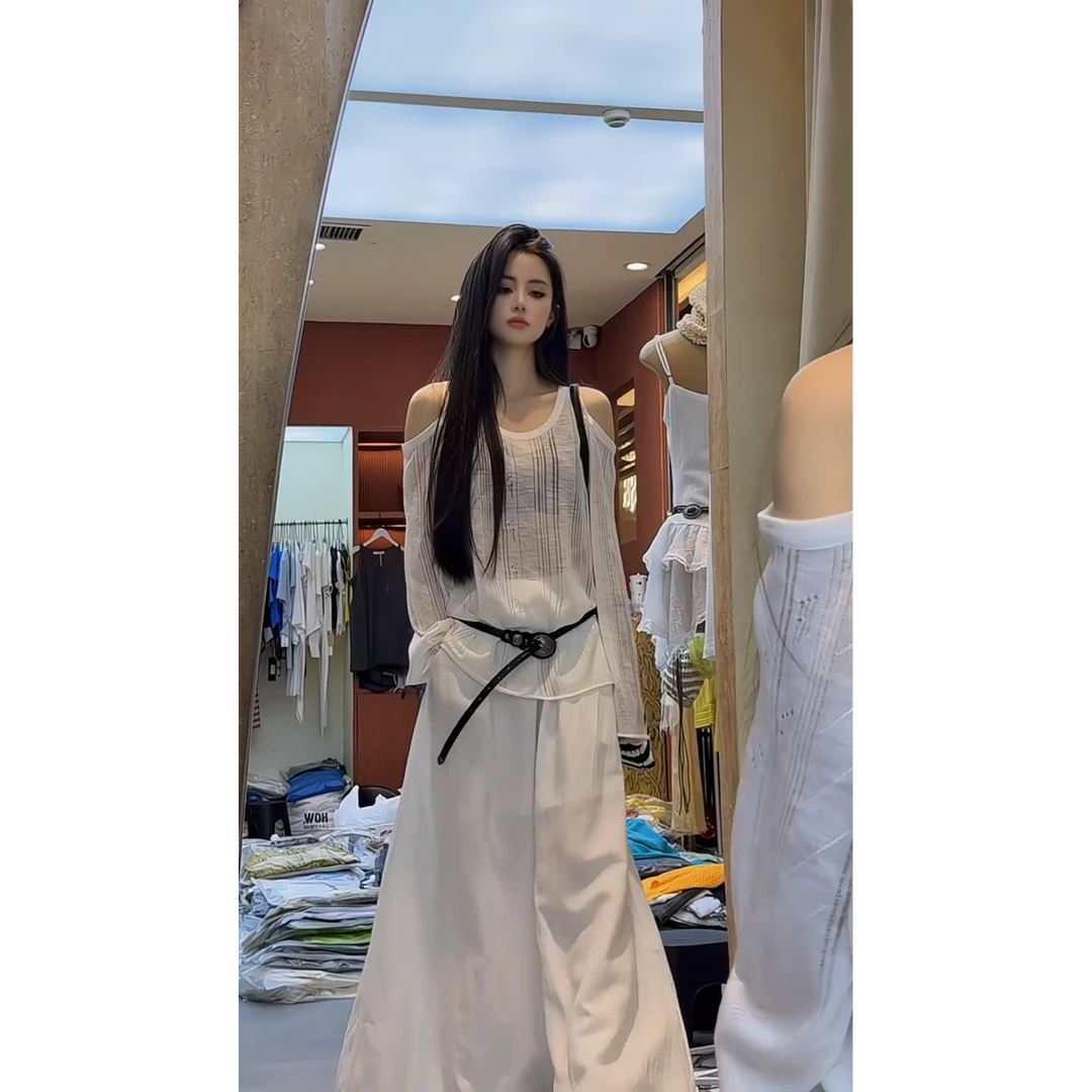 parkyeon夏季松弛感慵懒风镂空露肩宽松显瘦上衣女白色阔腿裤套装