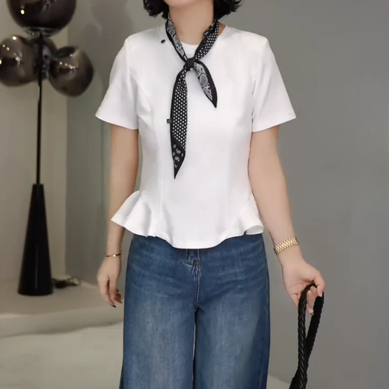 “荷叶T”25春季小众简约圆领下摆拼接荷叶边简约短袖T恤LK2502055