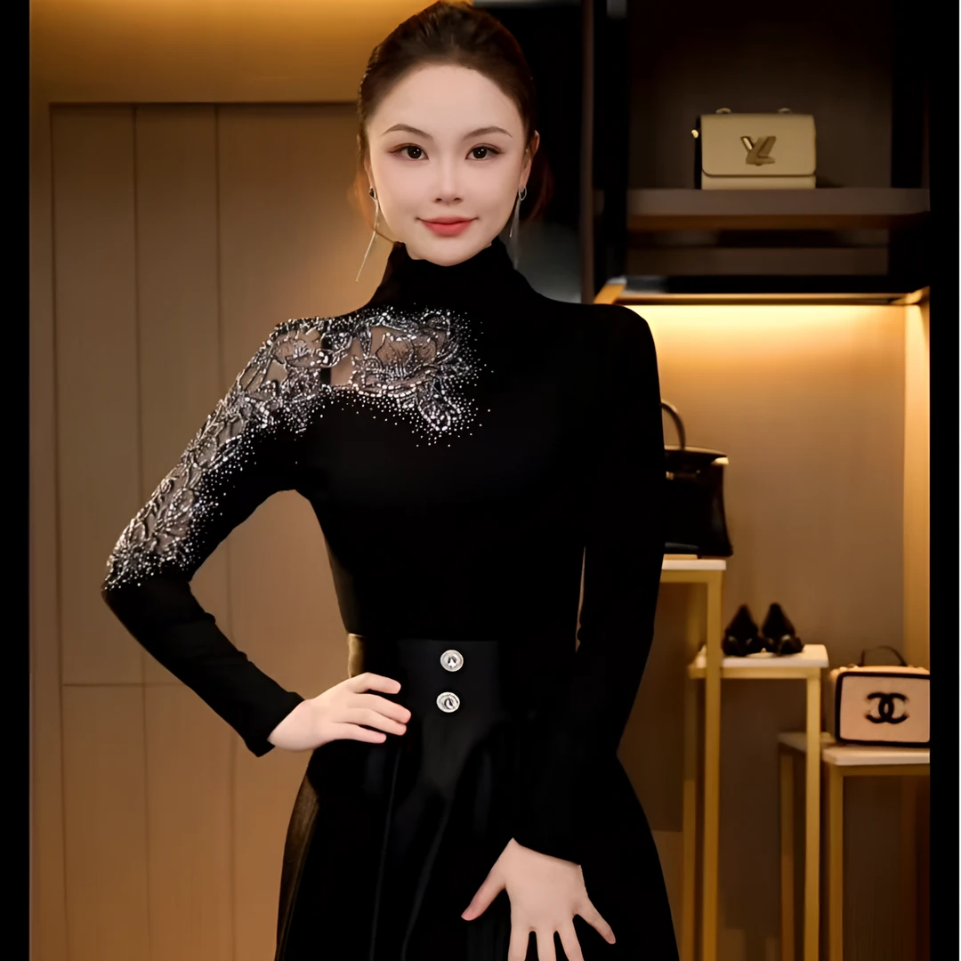 DY24D-6238秋冬加厚磨毛新款高领花边镂空镶钻洋气修身显瘦打底衫